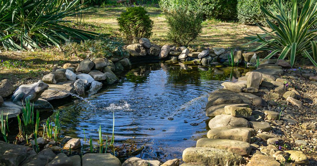 Pond maintenance in Pensacola, FL with rocks and fish