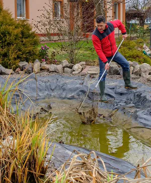 A man cleaning a pond with a pole