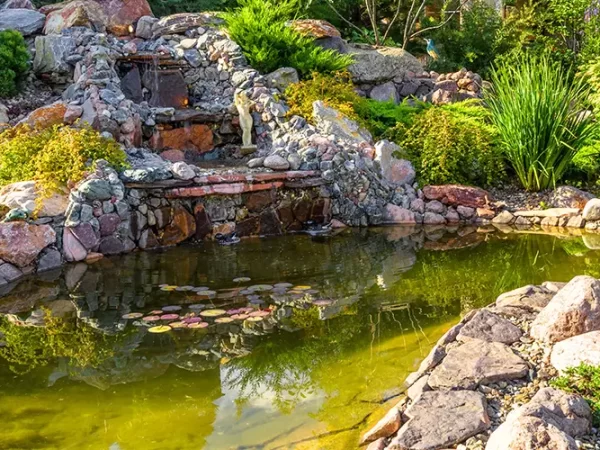 A pond with a waterfall with rocks